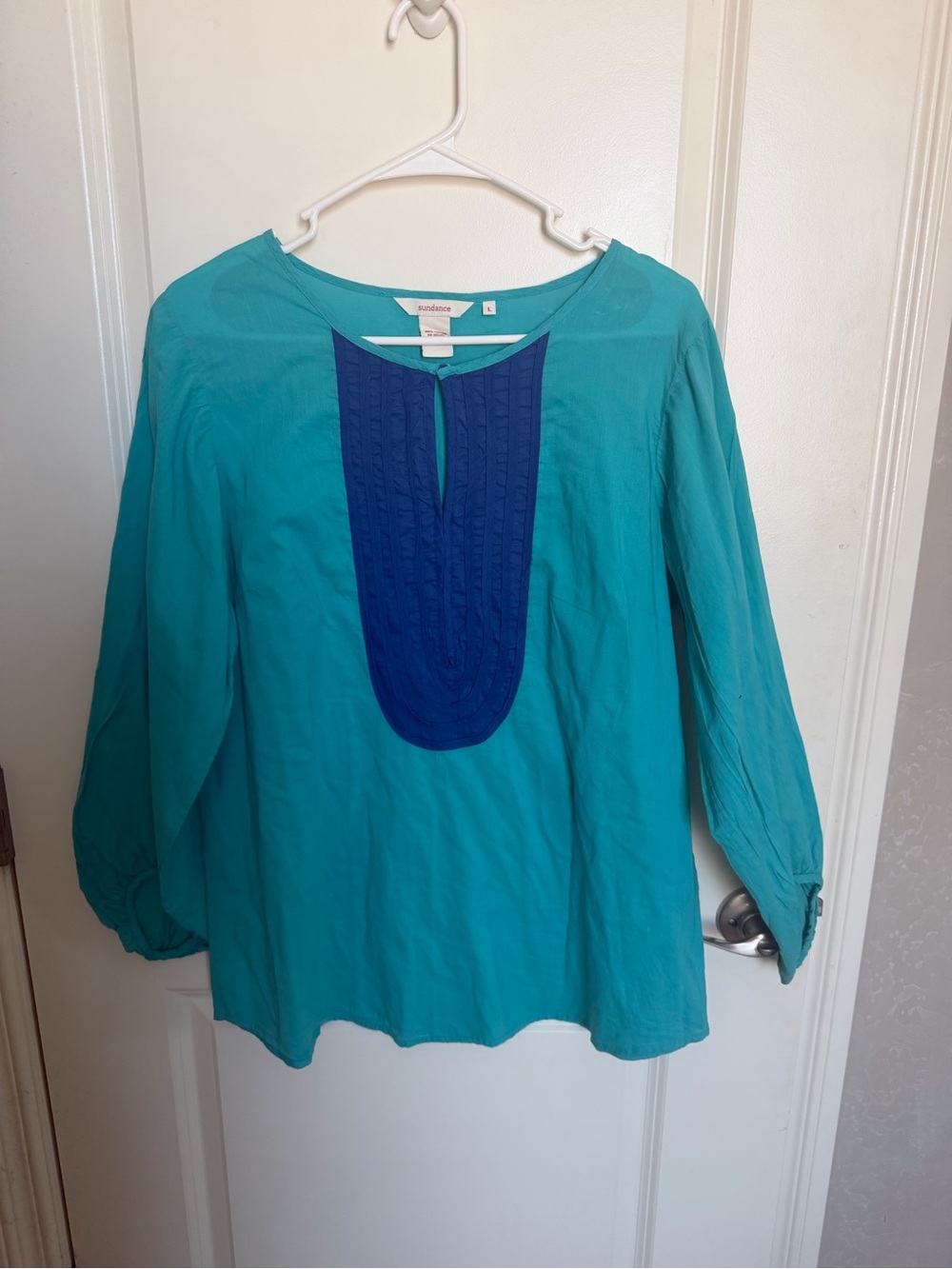 Sundance aqua Blouse with Royal blue Pintuck Bib
